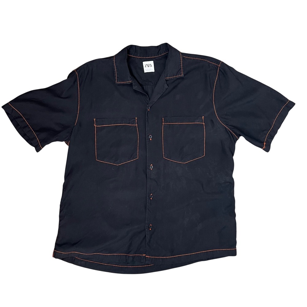 Zara Mens Short Sleeve Button Up Shirt Black Orange Contrast Stitch Large